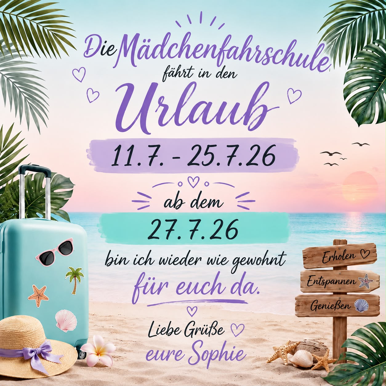 Die Mädchenfahrschule fährt vom 11.07. bis 25.07. in den Urlaub.